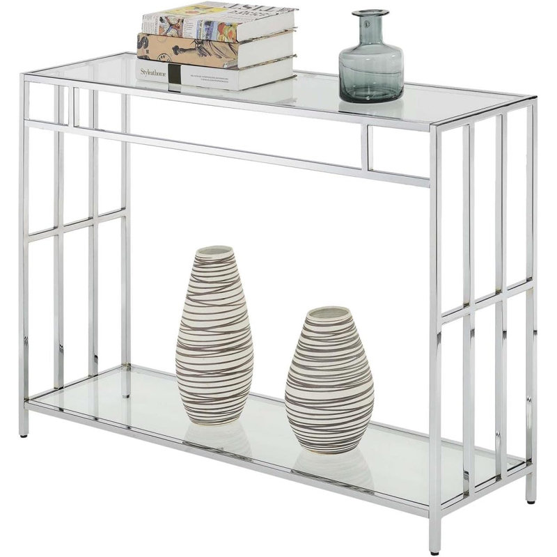  Console rectangulaire en verre transparent et chrome de 42 po avec tablettes