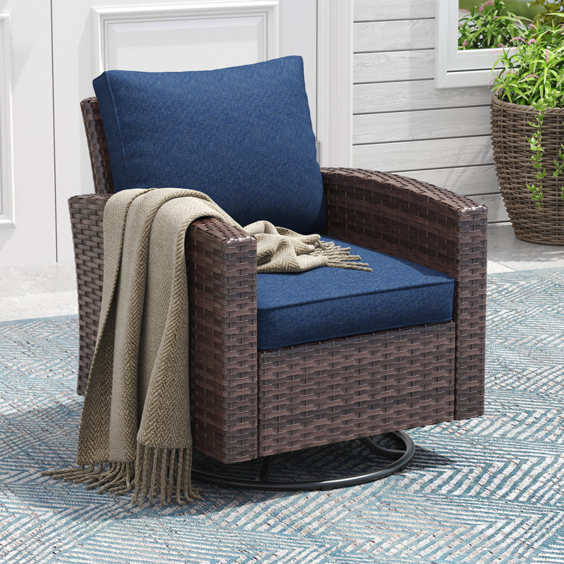 Outdoor Hand-Woven Wicker Patio Swivel Chair, Brown, Navy