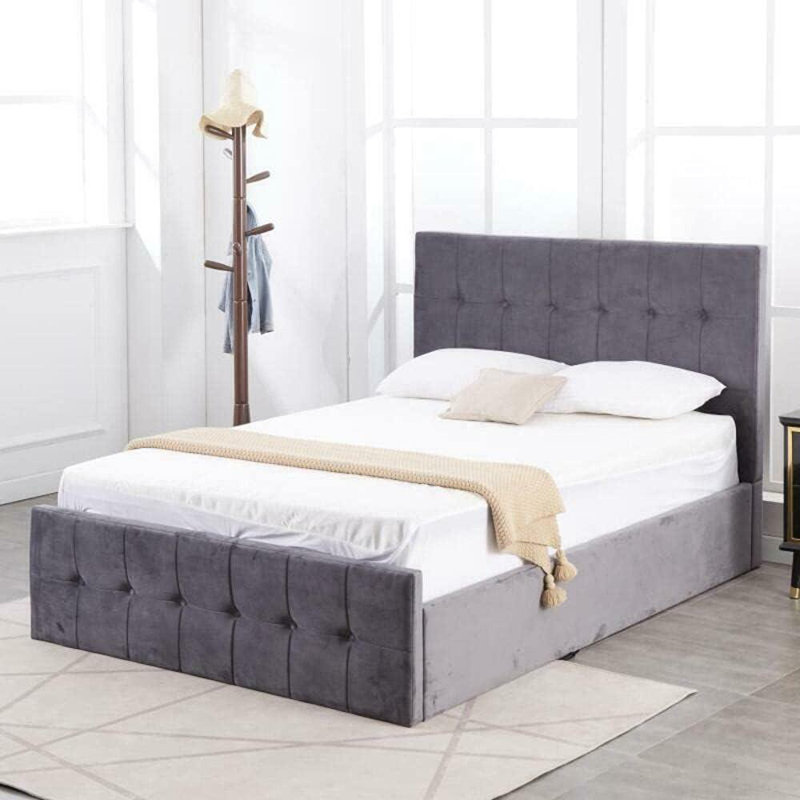 Ottoman Storage Bed Grey Velvet and 1 Mattress, Small Double (4')