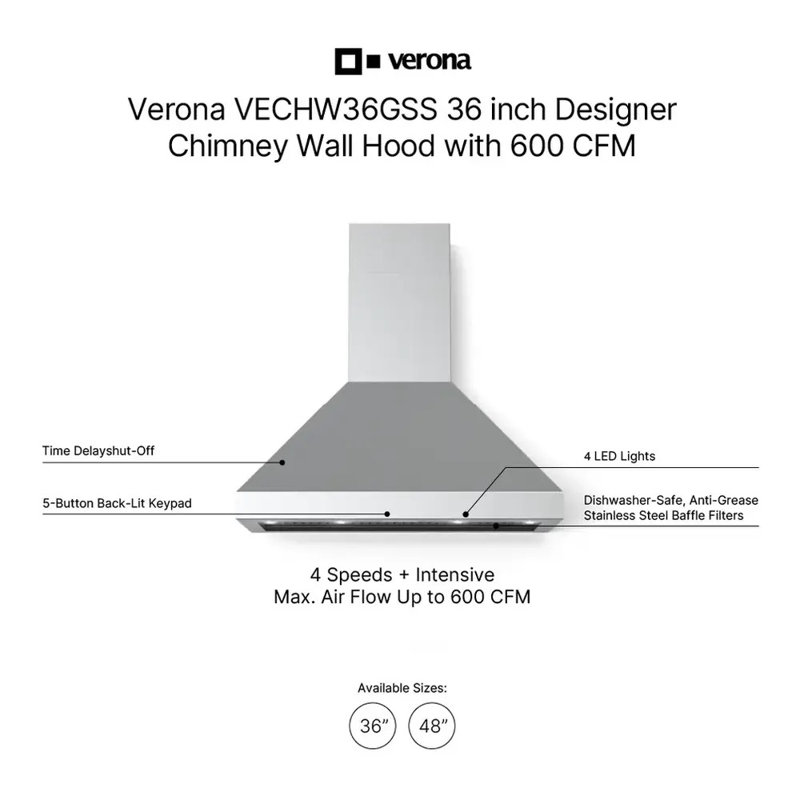 36" 600 CFM Convertible Wall Mount Range Hood, Stainless Steel, 36"