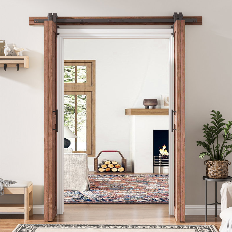 Porte pliante en bois de pin massif assemblé avec trousse de quincaillerie, 96 po x 84 po, Brun