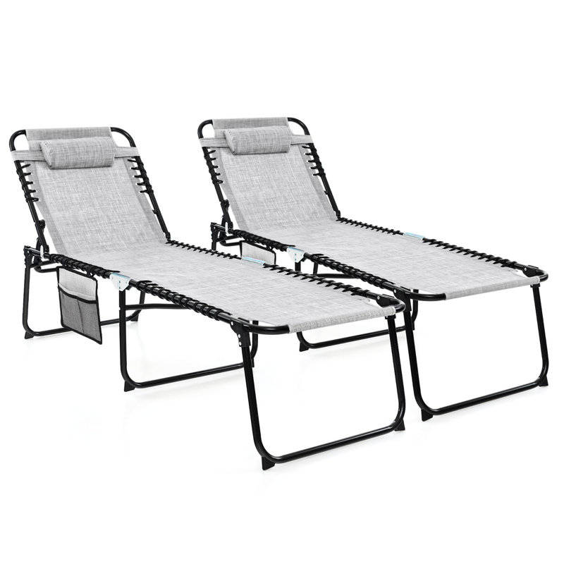 Patio Folding Chaise Lounge Portable Lay Flat Reclining Chair w/ 4-Level Backrest Side Pocket, Gray, 1