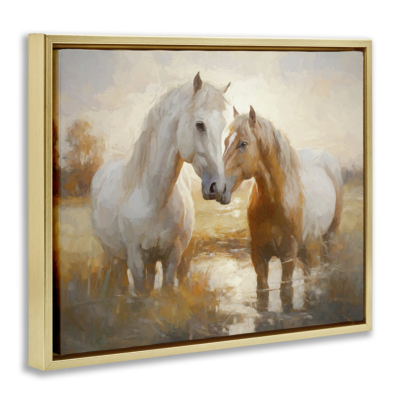 "Horse pair in River", art mural sur toile flottante par Ramona Murdock, H 25 po x l 31 po, Cadre flottant métallique doré
