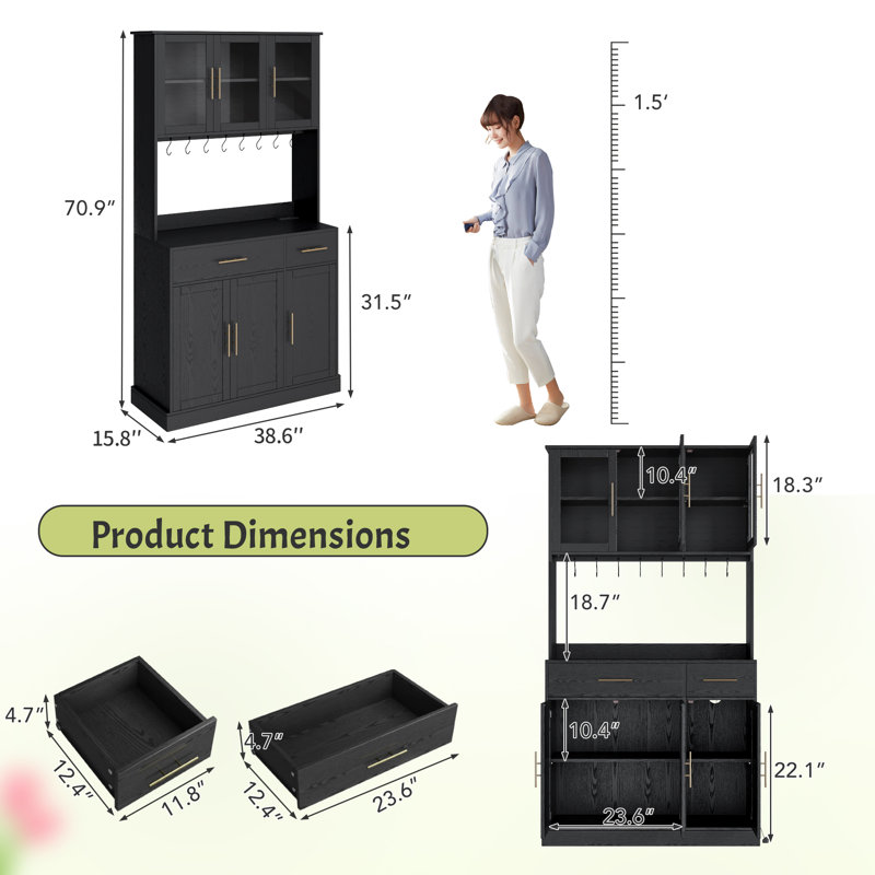 70.9'' Kitchen Pantry with Power Outlet, Black