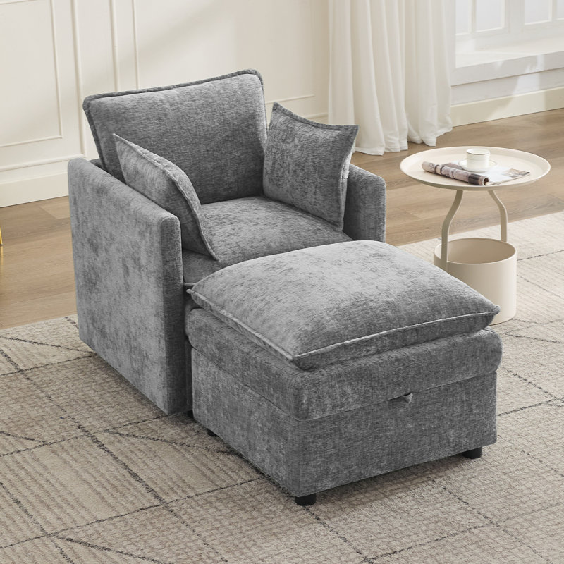 Upholstered Accent Armchair & Ottoman Set, Both with Hidden Storage, Light Gray