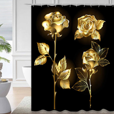 Shining Roses Black Rose En Elegant Gold Shower Curtain with 12 Hooks