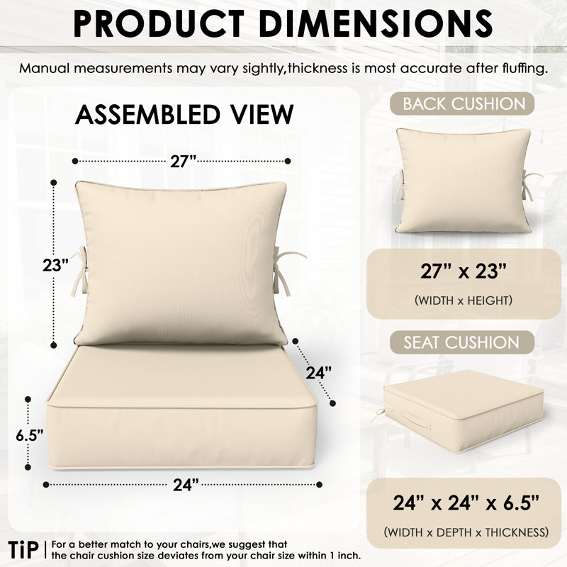 Ensemble de 6,5 po de coussins de remplacement pour l'extérieur, siège / dossier à assise profonde, l 24 po x P 24 po, ensemble de 2