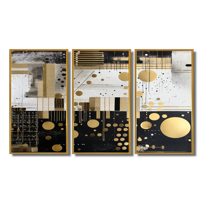 Ensemble d'art mural Essential Moon in Gold - Collages abstraits, Cadre flottant doré, H 40 po x l 60 po x P 1 po