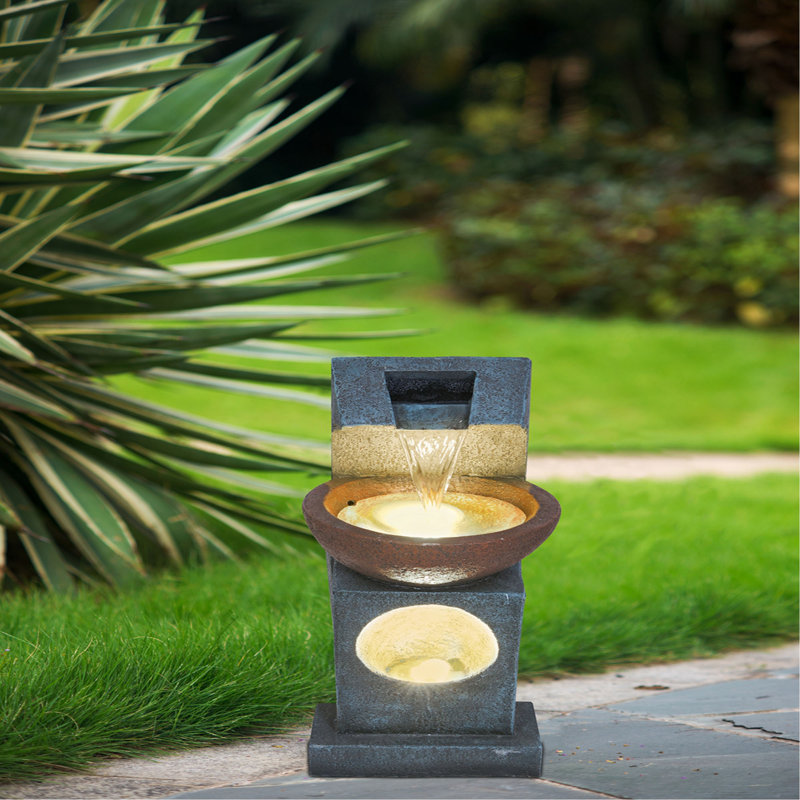Fontaine sculpturale 9,4 x 9,1 x 23,8 po avec cuve, avec lumière et pompe, pour l'intérieur et l'extérieur