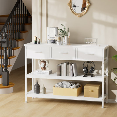 3-Tier Console Table With Charging Station & 3 Fabric Drawers,43.3'' Entryway Table With Storage Drawers And Open Shelves, Narrow Sofa Table With USB Ports And Outlets, Adjustable Feet, And Modern Design For Hallways, Living Rooms, And Small Spaces