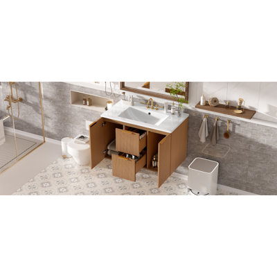 [Video]36 Inch Single Sink Bathroom Vanity With Ceramic Top, MDF Cabinet, Soft Close Doors, Divided Drawers, Wall-Mounted Modern Storage Vanity