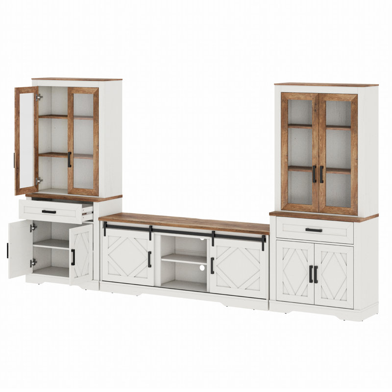 Farmhouse Mid-Century Modern TV Stand, Entertainment Center For 75" TV, 73"H 5-Tier Tall Bookcase, Open Storage & Barn Doors For Living Room, Bedroom, White Oak