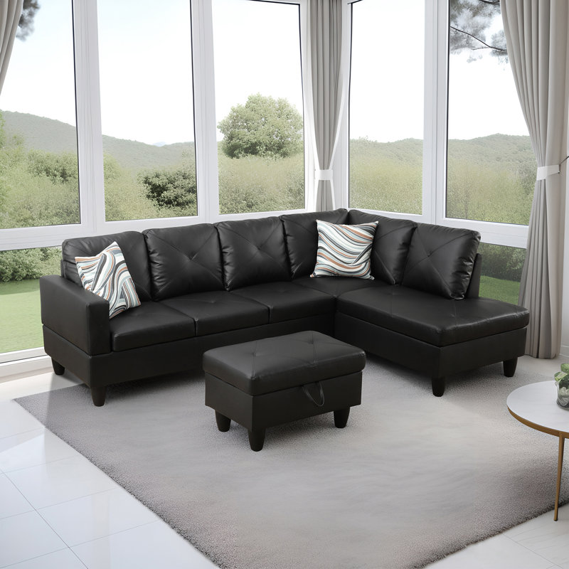Krunoslav Faux Leather L-Shaped Sectional, Right Hand Facing, Black, Black Faux Leather