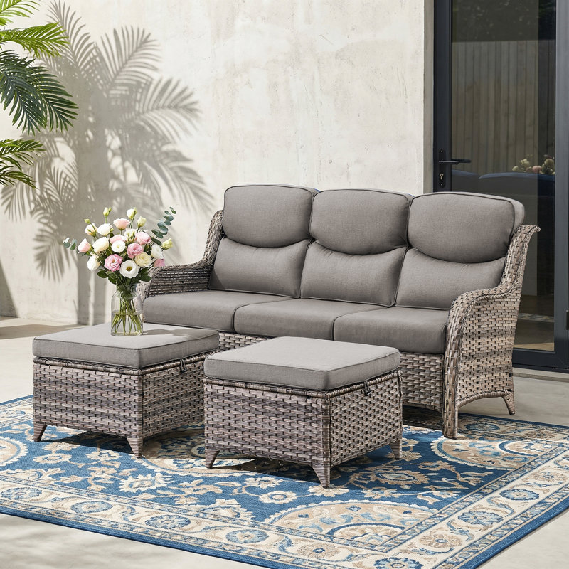 Outdoor Patio Sofa Set (3Pcs) With High-Back Design 5 " Thickened Cushions, Sofa Footstool, Patio Set, All-Weather Wicker Patio Furniture Set, Suitable For Balconies And Patios