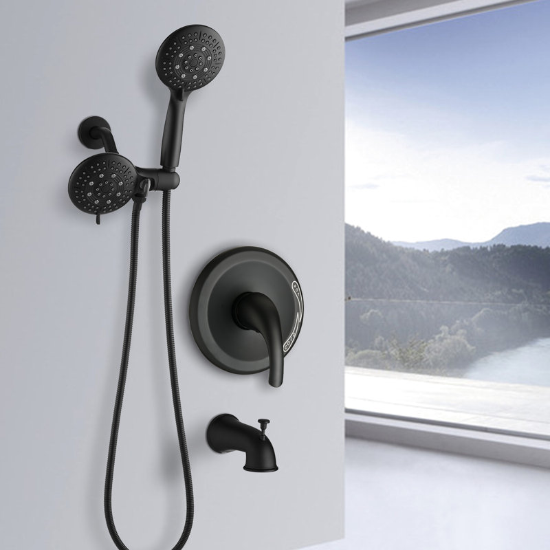 Pomme de douche fixe noire matte avec 6 modes de jet - portatif inclus, débit de 1,8 gal / min, structure entièrement en métal, douchette de baignoire murale à motifs classiques, douche à main, gal / min, débit réglable et soupape de dérivation