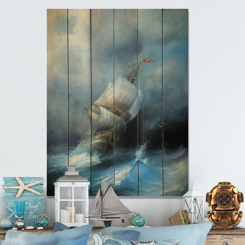 Vieille Bataille maritime II - peinture sur bois sans cadre, H 36 po x l 24 po x P 1 po