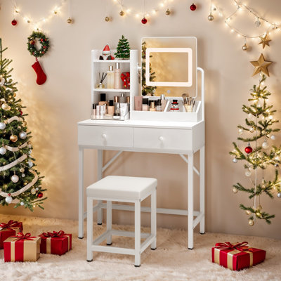 A Dressing Table Set With A Three-Color LED Mirror, A Power Outlet, Two Drawers, Two Shelves, And A Matching Stool. by Latitude Run