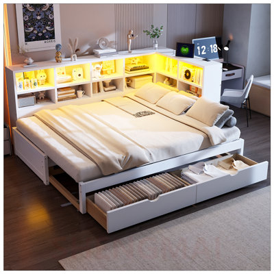 Lit de jour simple TG de très grand lit avec tiroirs de rangement, lumières DEL et ports de charge USB pour une commodité ultime