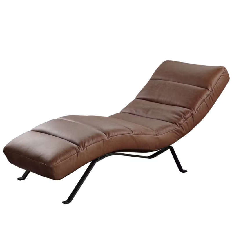Texas Chaise Lounge in Aniline-Leather with Adjustable Backrest, Black, Brown