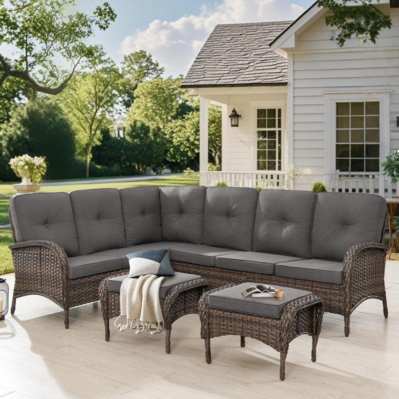 Valierius  L-Shaped Outdoor Sectional Sofa Set With Wicker Ottomans For Patios & Gardens, Gray