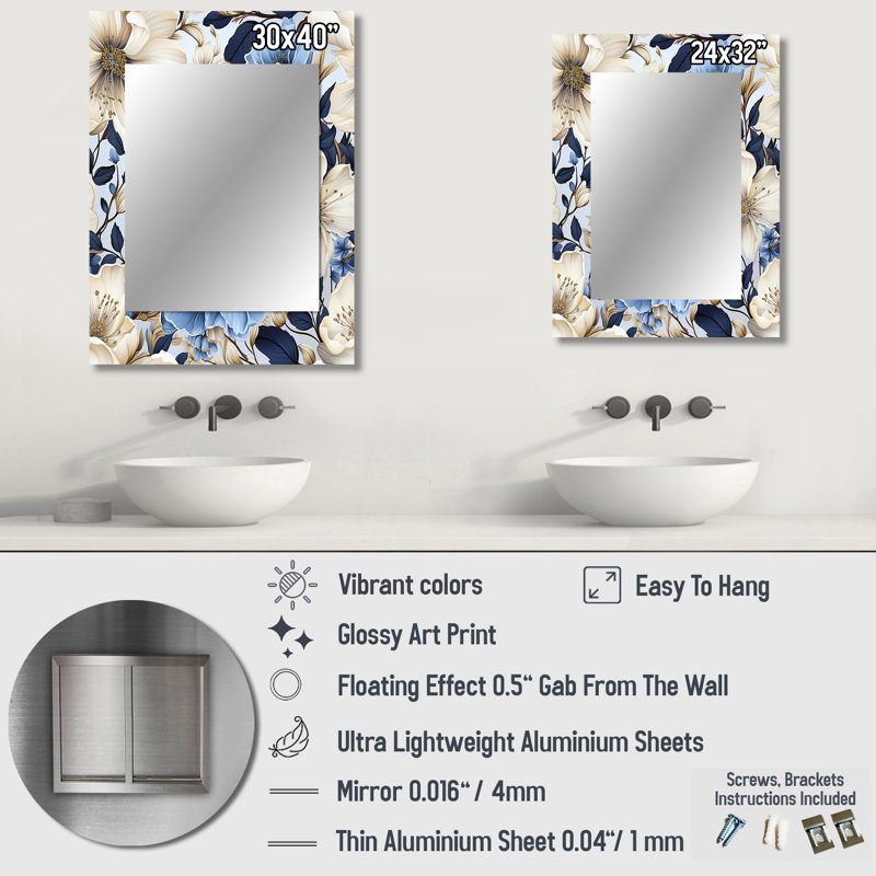 Arduss Blue Oasis Floral Blossoms - miroir floral, miroir mural décoratif floral, impression d'art en métal, 32 po x 24 po