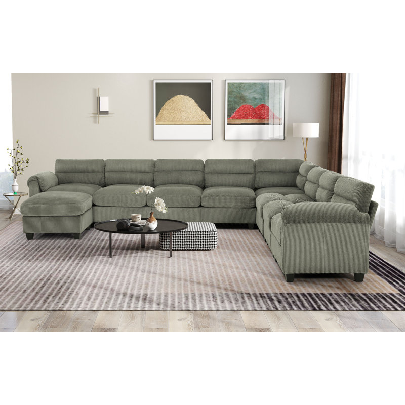 Dona 10-Piece Corduroy Upholstered Modular Sectional, 2 Ottomans, Pillowtop Arm, Green Corduroy