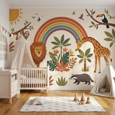 Papier peint amovible safari arc-en-ciel, feuillage tropical