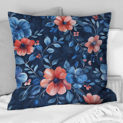Blue Pink Traditional Flower Garden IX - Traditional Throw Pillow