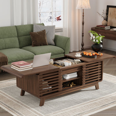 Table basse en bois Mid-Century avec plateau coulissant, rangement et portes, finition noyer, 47 po | Idée de cadeau