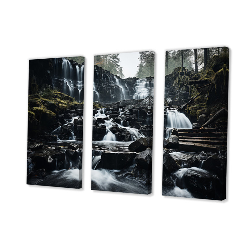Reproduction de cascade monochrome harmonisée I sur toile 3 pièces, H 28 po x l 36 po x P 1 po