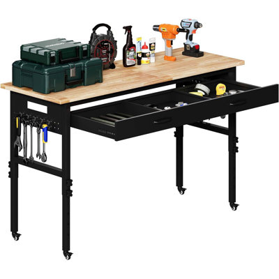 60" Adjustable Heavy-Duty Workbench - 2000 LBS Capacity Table with Power Outlets & Pegboard, Rubberwood Workstation on Wheels for Workshop, Office, Garage, Home Use