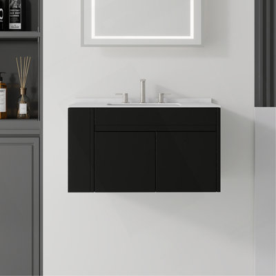Meuble-lavabo suspendu de 91 cm avec lavabo, porte à fermeture amortie, comptoir et dosseret en marbre synthétique blanc de Carrare de 1,5 cm d'épaisseur, contreplaqué
