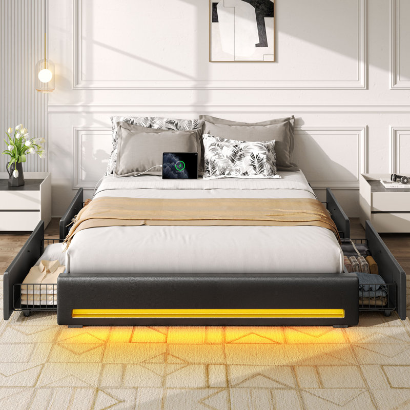 Platform Bed Frame with 4 Storage Drawers, Upholstered Bed with Outlets and LED Lights, No Headboard