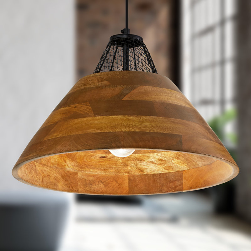 Akey 17.25"W Black Mesh and Walnut Stained Mango Pendant