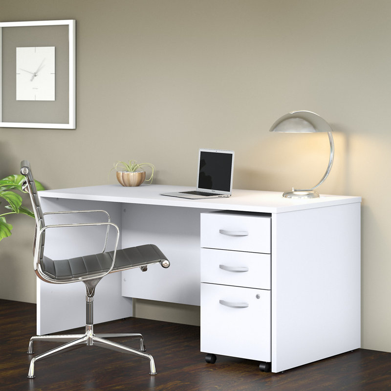 Studio C Executive Office Desk with Mobile File Cabinet, White, 29.84" H x 59.45" W x 29.37" D