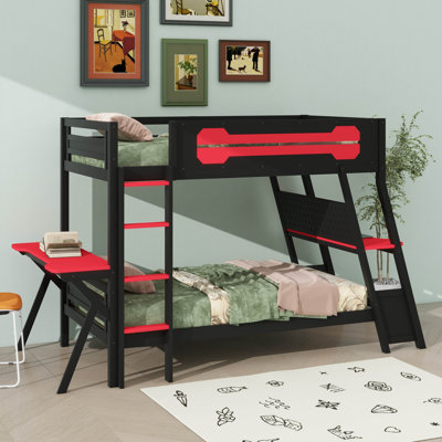 Lit superposé avec deux bureaux de jeu intégrés et connecteurs de bureau USB, cadre de lit superposé en bois avec organisateur de panneau perforé, barrière de sécurité et échelle