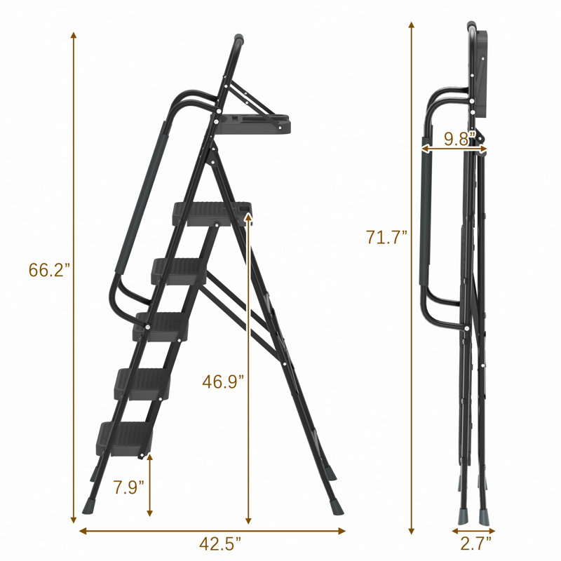 Escabeau pliant à 5 marches avec rampes et plateforme à outils, escabeaux pour adultes d'une capacité de 330 lb, 5.51, Noir