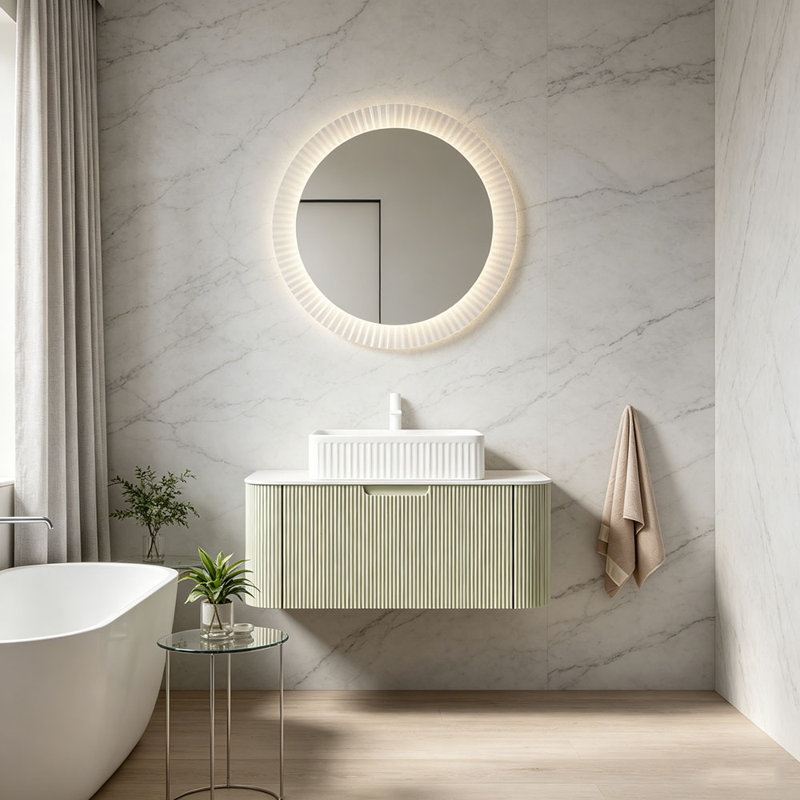 Meuble-lavabo 36 po, armoire de rangement rayée à bords arrondis avec tiroir, lavabo rectangulaire en céramique blanche et plateau en pierre frittée blanche de Carrare, pré-assemblé