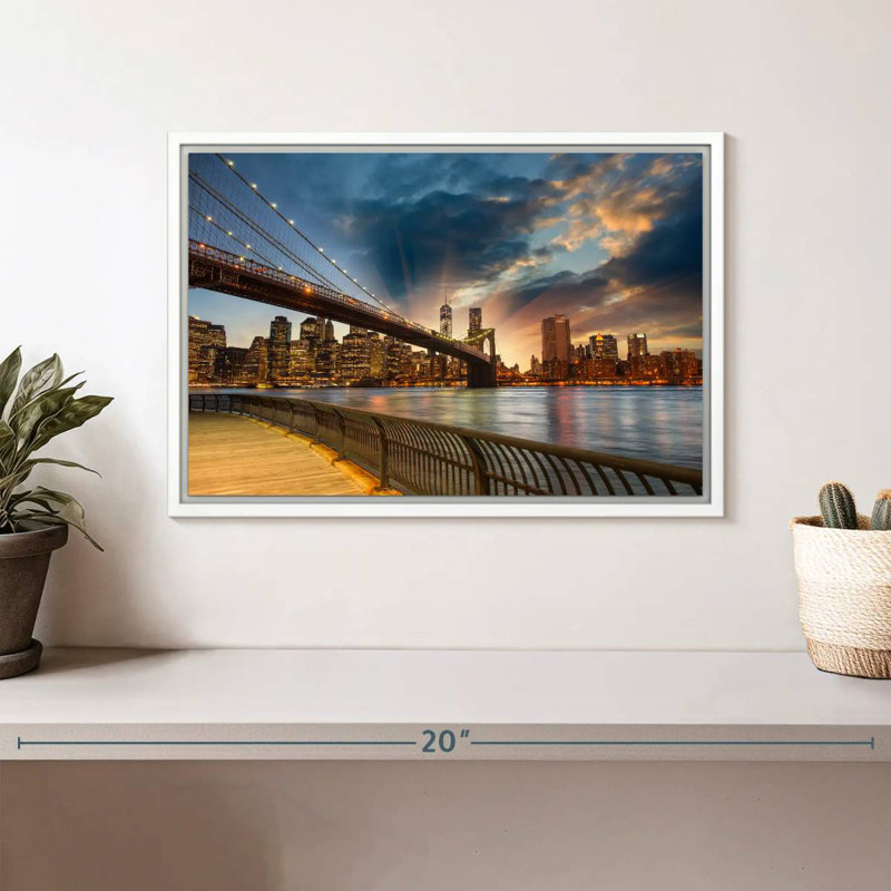 Soleil de Brooklyn Bridge, Cadre flottant blanc, 13 po x 9 po