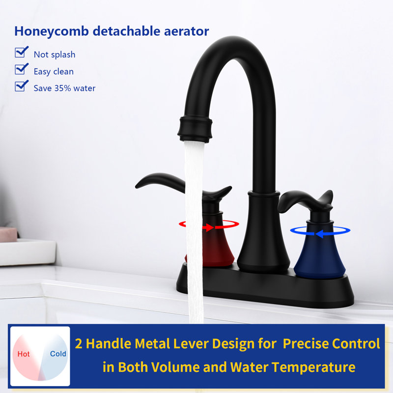 Robinet de salle de bain noir mat - 2 poignées, bec pivotant à arche haute 360 degrés avec lavabo escamotable et tuyaux d'alimentation 2 po