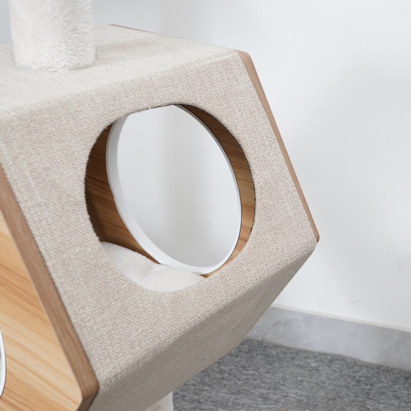 44" Beige Wooden Cat Tree with Condo and Sisal Scratching Posts