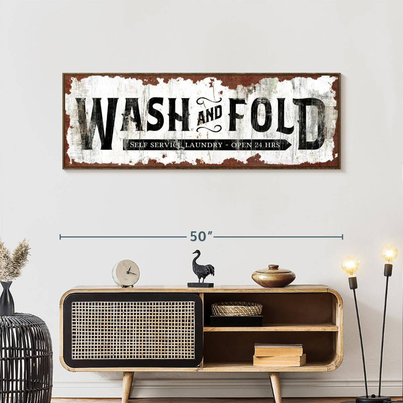 Ancienne affiche murale Wash and Fold, Cadre flottant noyer, 49" X 17"