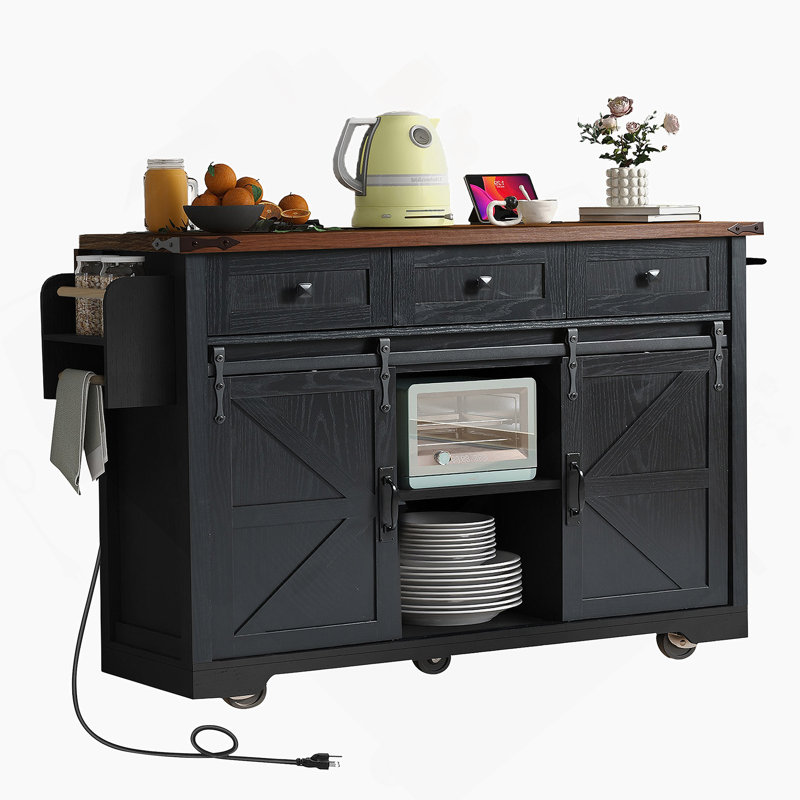 53.7" W Wood Kitchen Island with Drop Leaf, Black