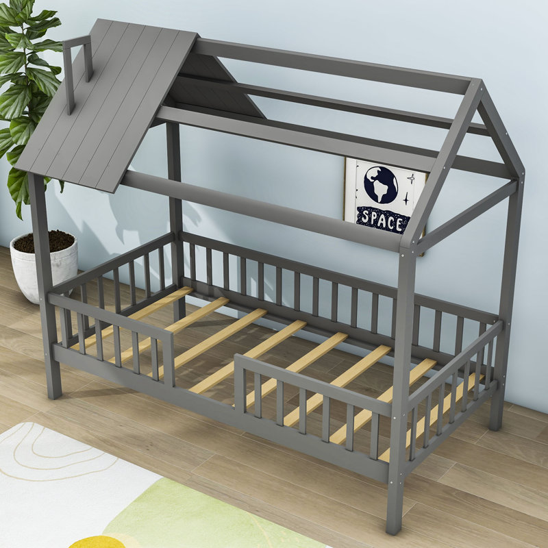 Hadrien Twin Wood House Bed with Fence, Gray