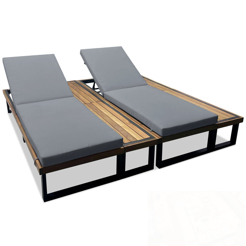 Double Chaise Lounge Chair with Adjustable Backrest and Wood Side Table, Gray