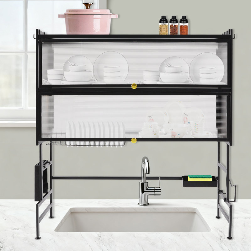 2-Tier H-Shaped Over Sink Dish Drying Rack Sink Drainer Rack, Dish Drying Rack With Hooks,  Knife Holder, Chopstick Basket