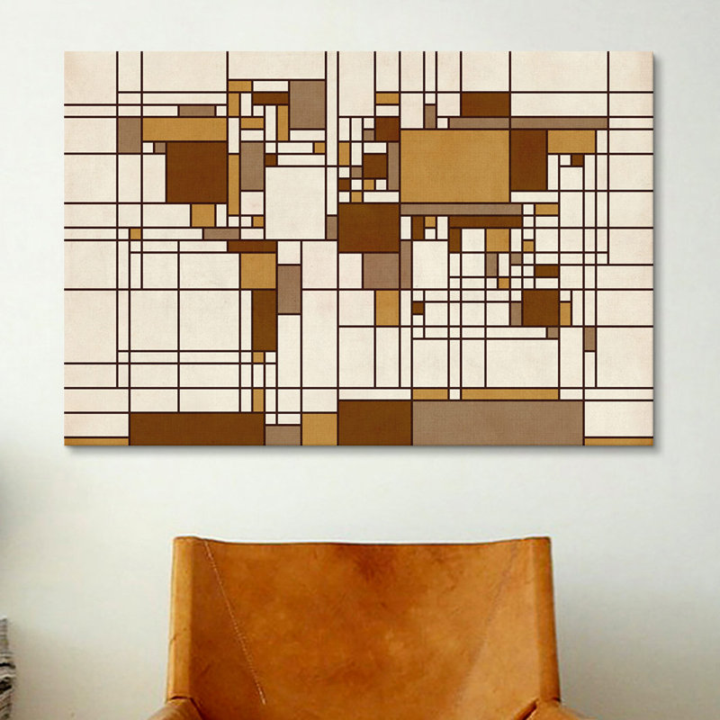 Carte du monde abstraite, style Mondrian, impression sur toile, H 8 po x l 12 po x P 0,75 po, Pas de tapis, Toile tendue