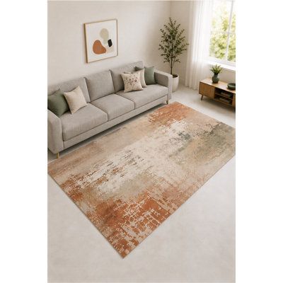 "Ultra Light Weight" Large 6'7" x 9'10"  Rust and Greige Distressed Wash Area Rug for Living Room, Bedroom and Home Office, Soft Low Pile Carpet with Non-Slip Silicone Backing