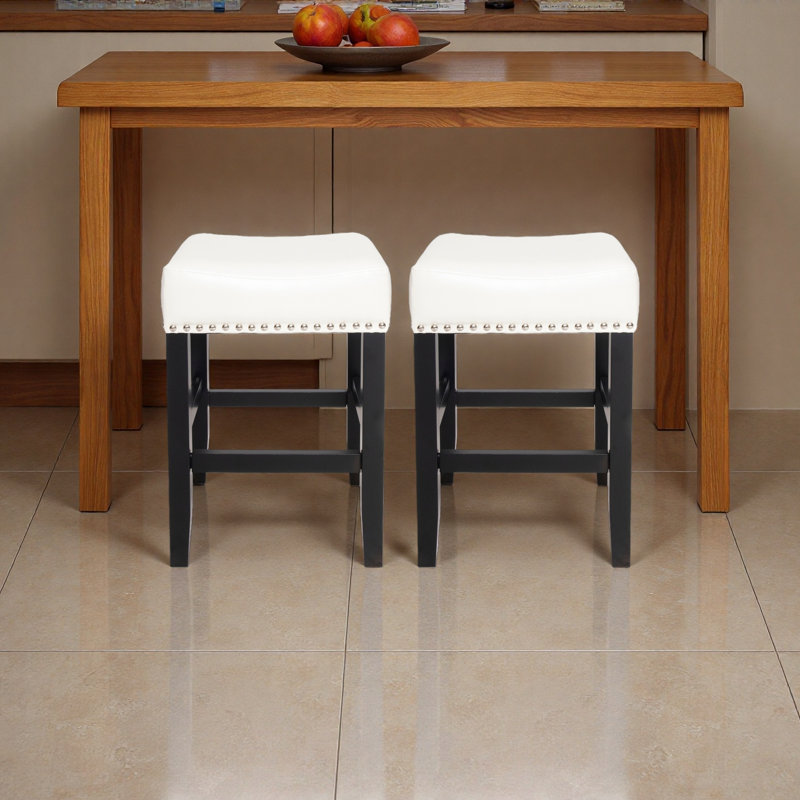 26" Backless Leather Counter Stools, 2-Pcs Set, Ivory