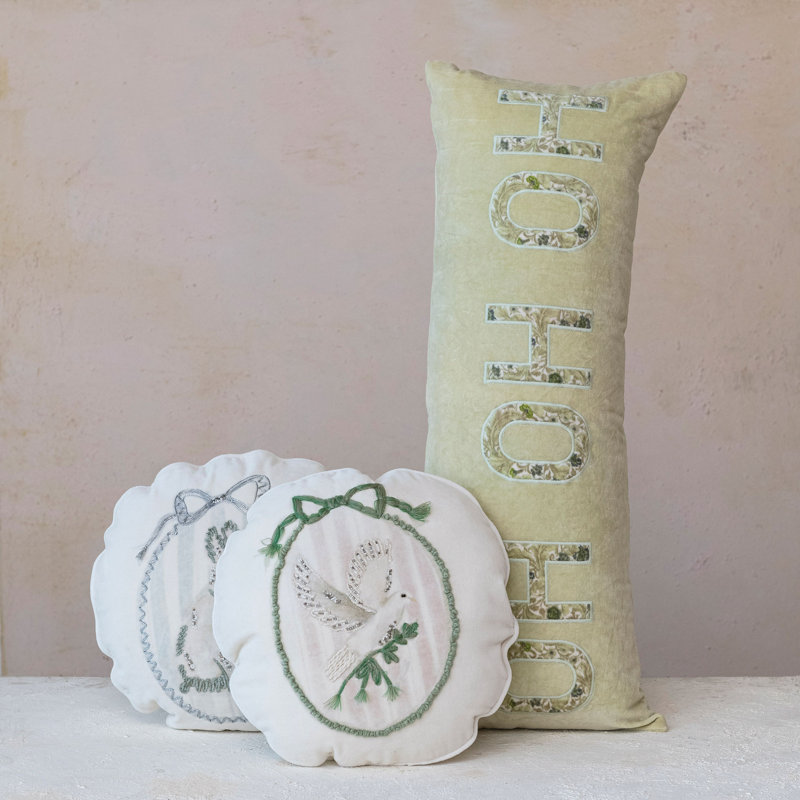 Cotton Velvet Pillow with Embroidered Rabbit/Dove